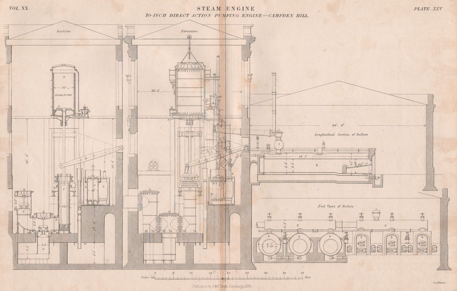 VICTORIAN STEAM ENGINE DRAWING direct action pumping Engine, Campden Hill 1860